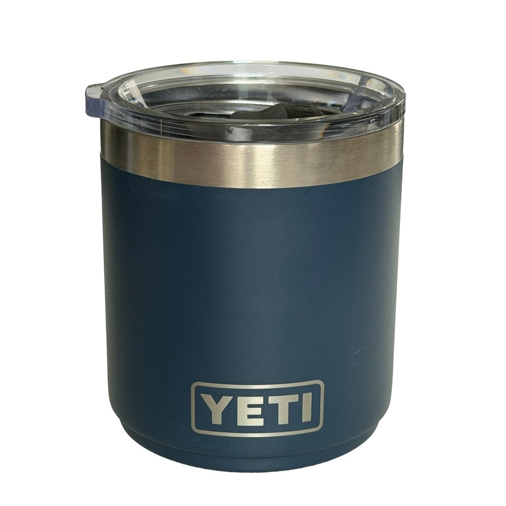 Yeti Rambler Insulated Tumbler Clear Lid New Cintas Navy Blue 10 oz Lowball